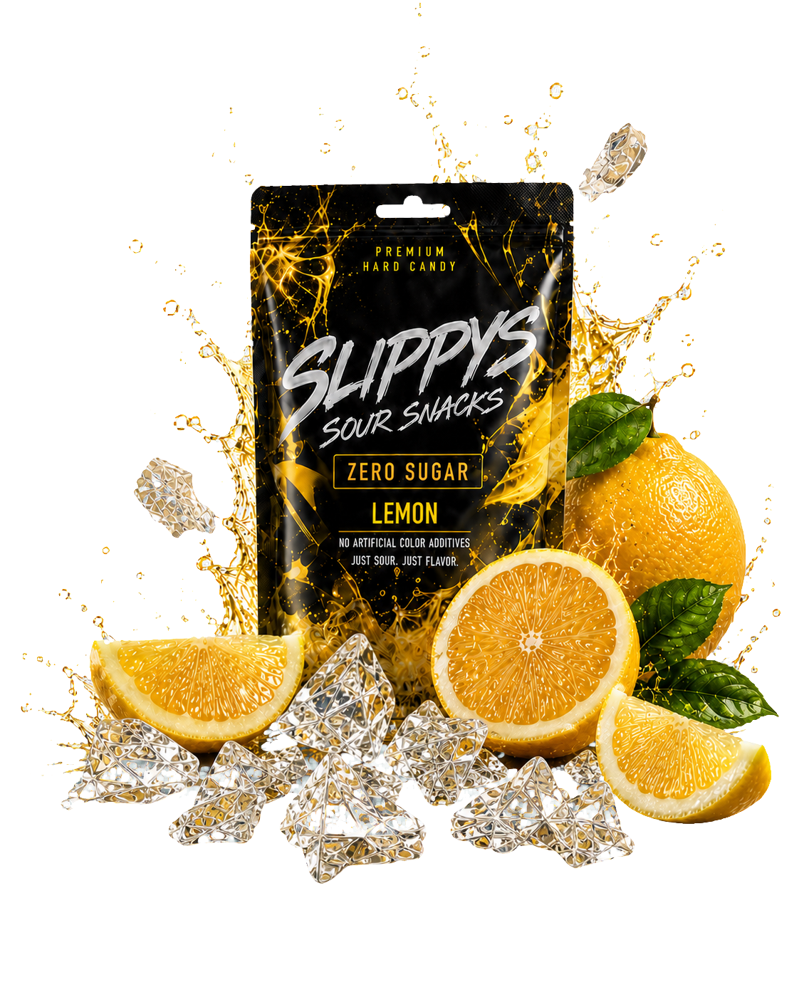 Electric Lemon Slippys pouch with fruit and clear broken candy pieces